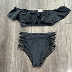 NWT Black ruffle off the shoulder bikini top with cut out sides L